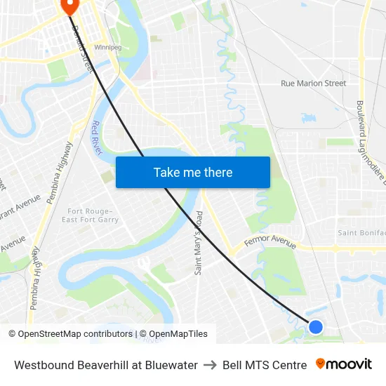 Westbound Beaverhill at Bluewater to Bell MTS Centre map