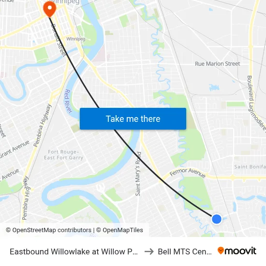 Eastbound Willowlake at Willow Point to Bell MTS Centre map