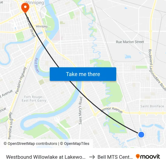Westbound Willowlake at Lakewood to Bell MTS Centre map