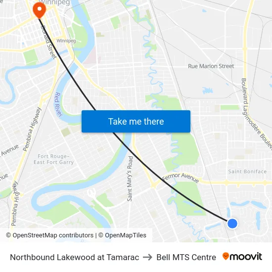 Northbound Lakewood at Tamarac to Bell MTS Centre map