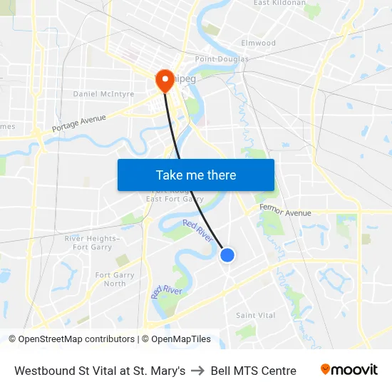 Westbound St Vital at St. Mary's to Bell MTS Centre map
