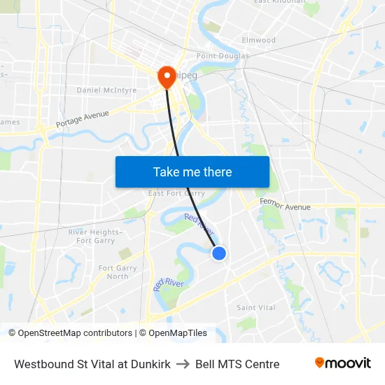 Westbound St Vital at Dunkirk to Bell MTS Centre map