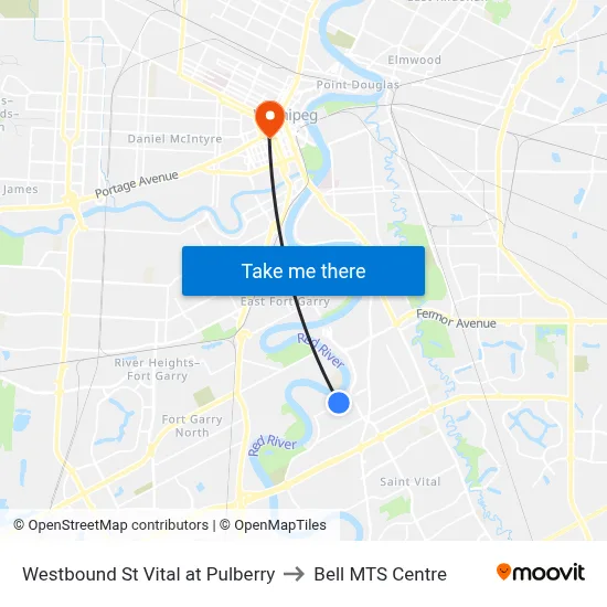 Westbound St Vital at Pulberry to Bell MTS Centre map