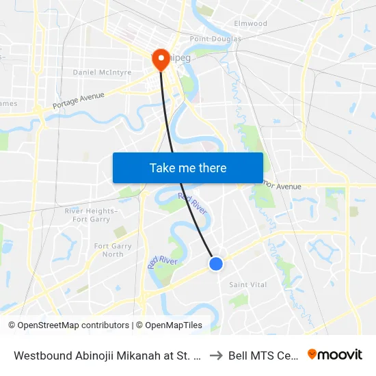Westbound Abinojii Mikanah at St. Mary's to Bell MTS Centre map