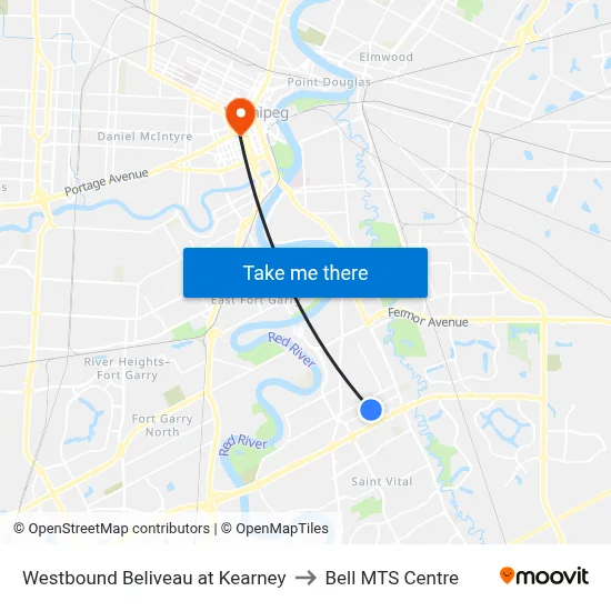 Westbound Beliveau at Kearney to Bell MTS Centre map
