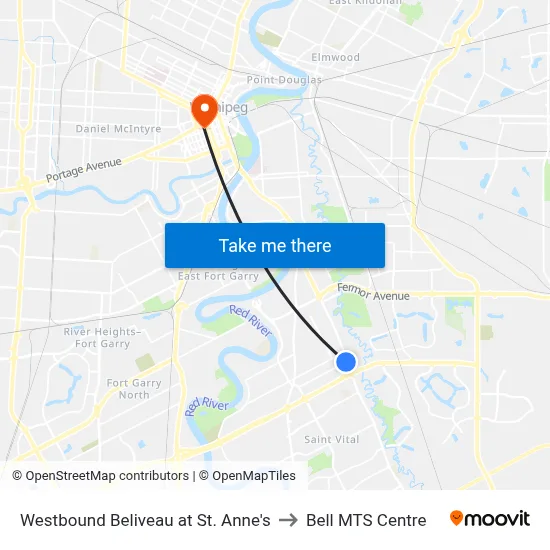 Westbound Beliveau at St. Anne's to Bell MTS Centre map