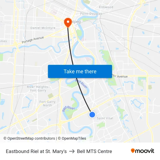 Eastbound Riel at St. Mary's to Bell MTS Centre map