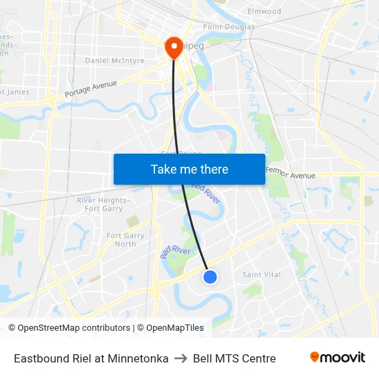 Eastbound Riel at Minnetonka to Bell MTS Centre map