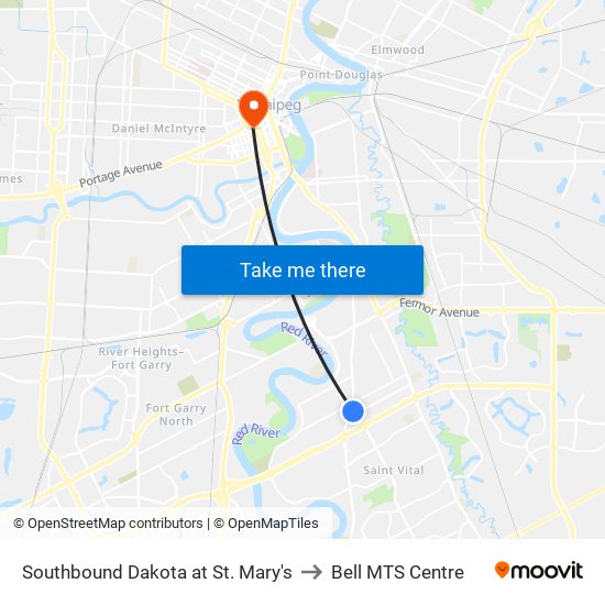 Southbound Dakota at St. Mary's to Bell MTS Centre map