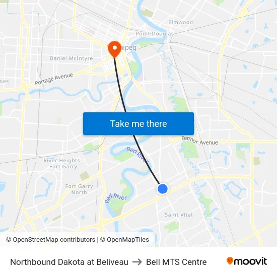 Northbound Dakota at Beliveau to Bell MTS Centre map