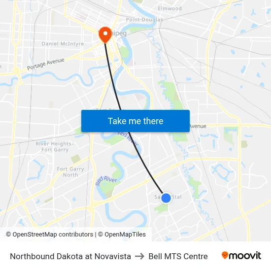 Northbound Dakota at Novavista to Bell MTS Centre map