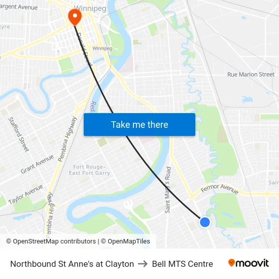 Northbound St Anne's at Clayton to Bell MTS Centre map