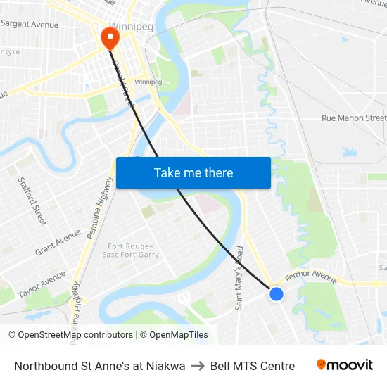 Northbound St Anne's at Niakwa to Bell MTS Centre map
