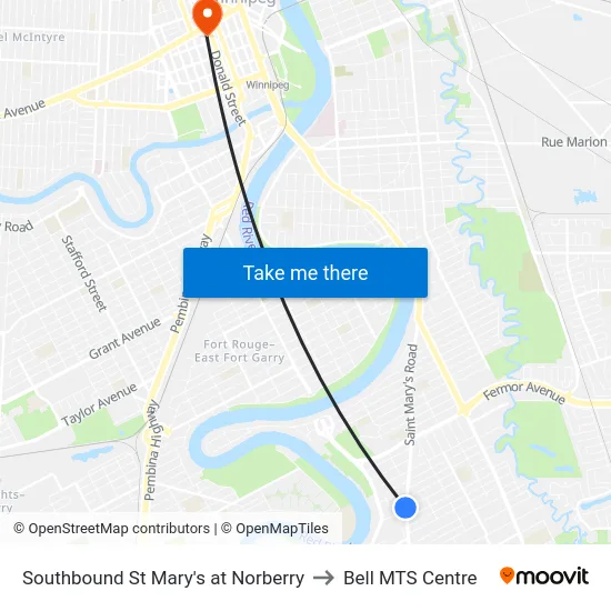 Southbound St Mary's at Norberry to Bell MTS Centre map