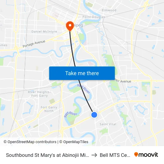 Southbound St Mary's at Abinojii Mikanah to Bell MTS Centre map