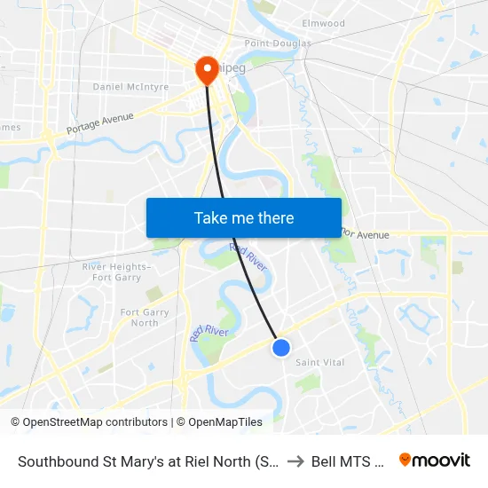 Southbound St Mary's at Riel North (St. Vital Centre) to Bell MTS Centre map