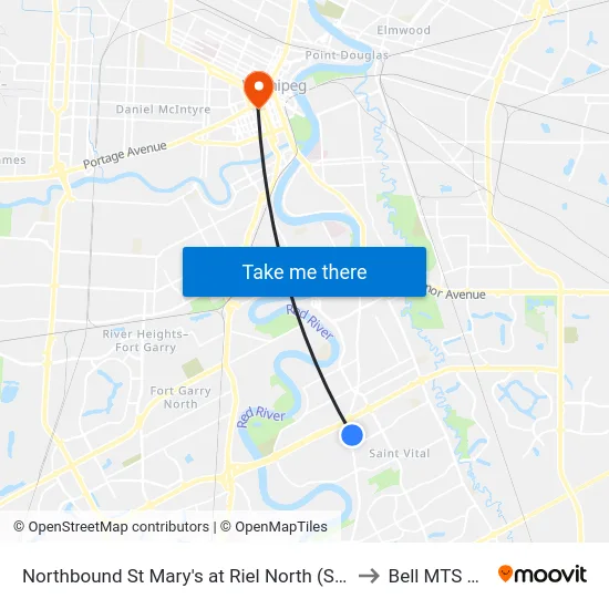 Northbound St Mary's at Riel North (St. Vital Centre) to Bell MTS Centre map