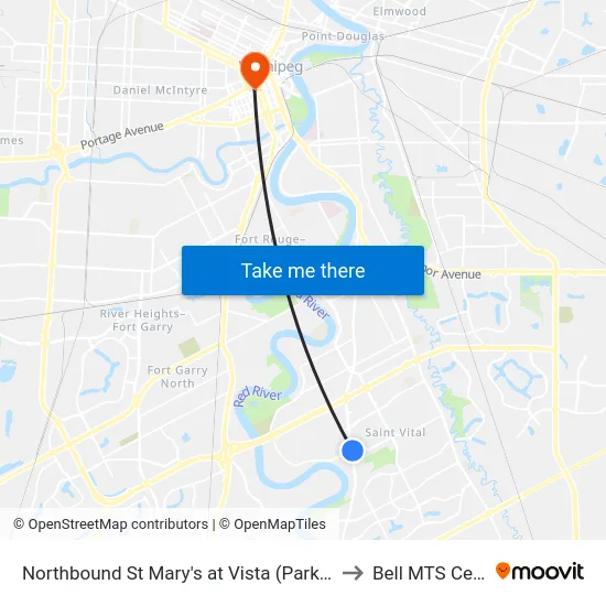 Northbound St Mary's at Vista (Park & Ride) to Bell MTS Centre map