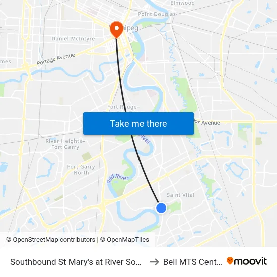 Southbound St Mary's at River South to Bell MTS Centre map