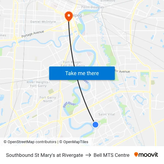 Southbound St Mary's at Rivergate to Bell MTS Centre map