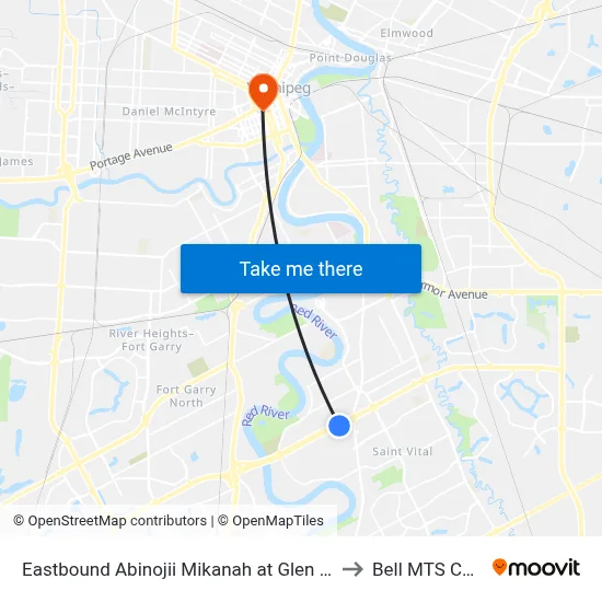 Eastbound Abinojii Mikanah at Glen Meadow to Bell MTS Centre map