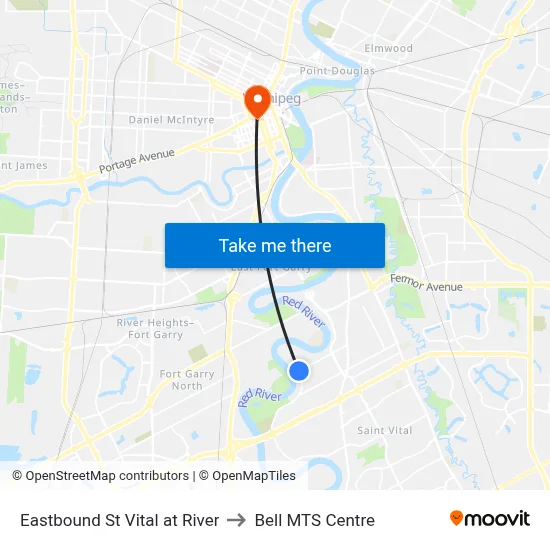 Eastbound St Vital at River to Bell MTS Centre map