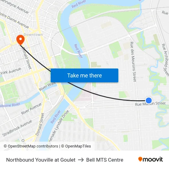 Northbound Youville at Goulet to Bell MTS Centre map