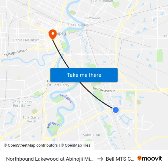 Northbound Lakewood at Abinojii Mikanah North to Bell MTS Centre map