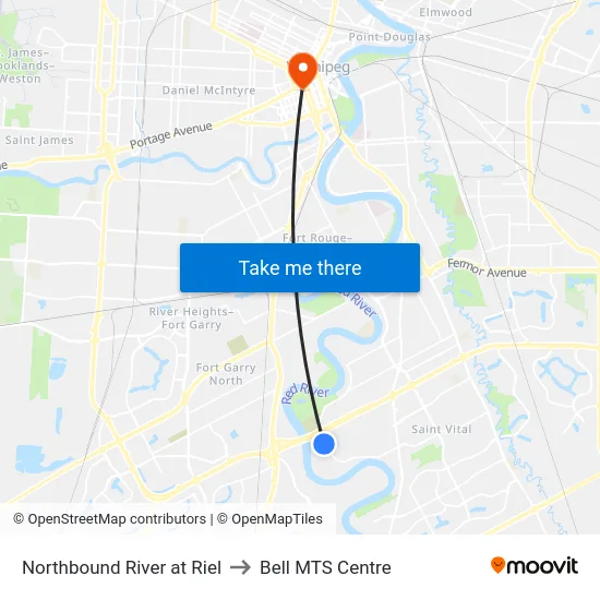 Northbound River at Riel to Bell MTS Centre map