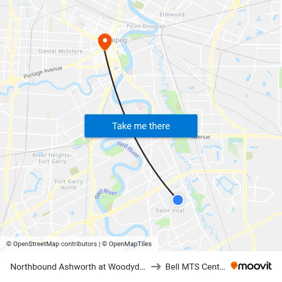 Northbound Ashworth at Woodydell to Bell MTS Centre map