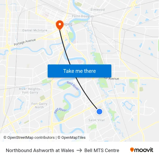 Northbound Ashworth at Wales to Bell MTS Centre map