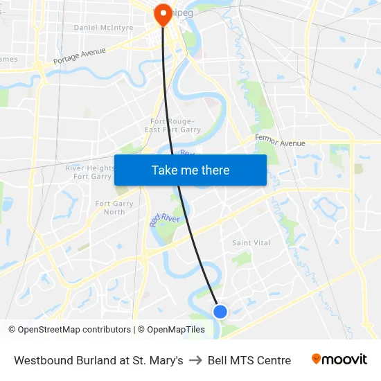 Westbound Burland at St. Mary's to Bell MTS Centre map