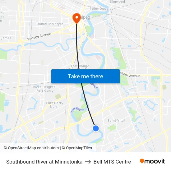 Southbound River at Minnetonka to Bell MTS Centre map