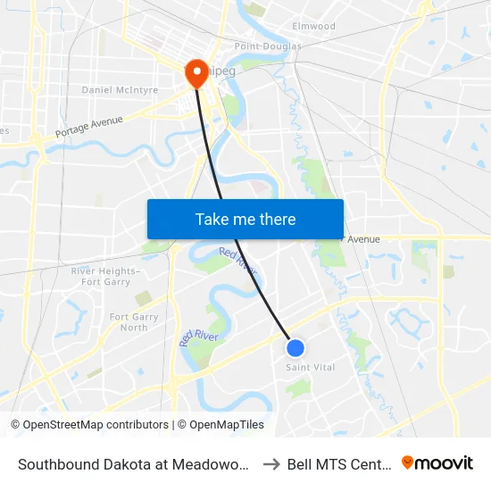 Southbound Dakota at Meadowood to Bell MTS Centre map