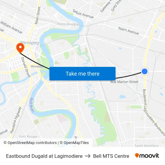 Eastbound Dugald at Lagimodiere to Bell MTS Centre map