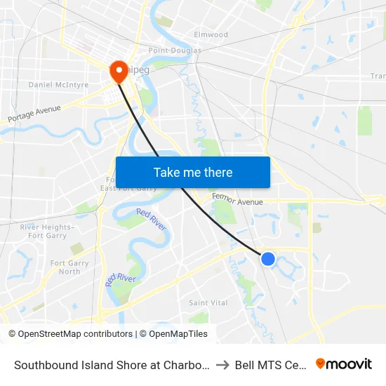 Southbound Island Shore at Charbonneau to Bell MTS Centre map