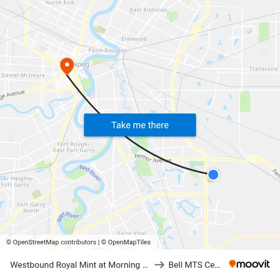 Westbound Royal Mint at Morning Glory to Bell MTS Centre map