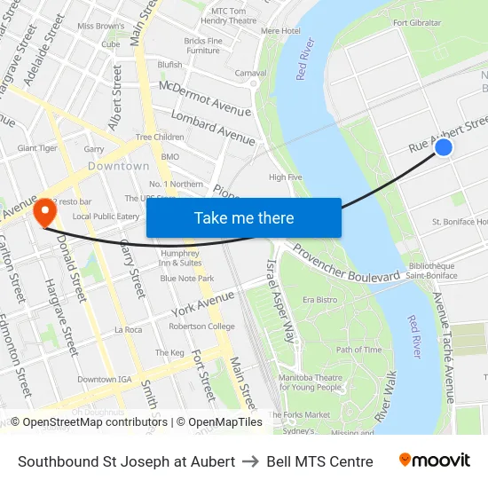 Southbound St Joseph at Aubert to Bell MTS Centre map
