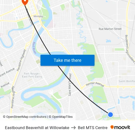 Eastbound Beaverhill at Willowlake to Bell MTS Centre map
