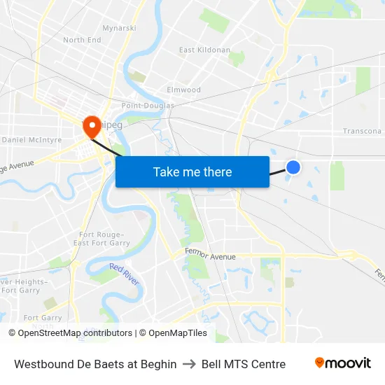Westbound De Baets at Beghin to Bell MTS Centre map