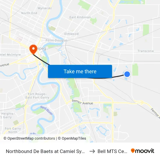 Northbound De Baets at Camiel Sys North to Bell MTS Centre map