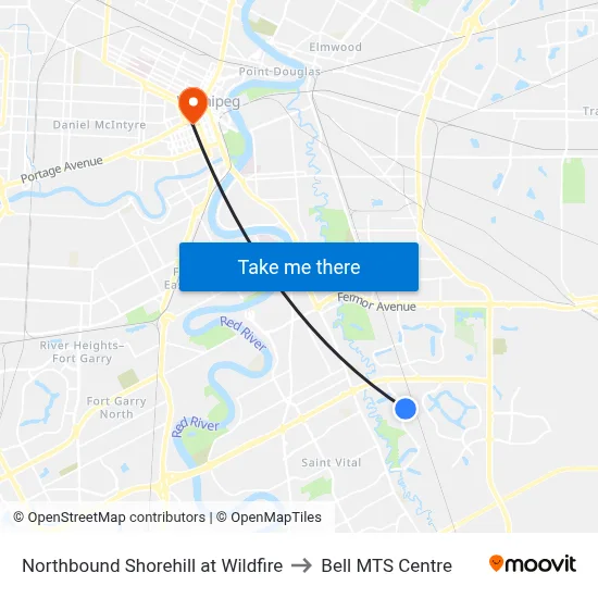 Northbound Shorehill at Wildfire to Bell MTS Centre map