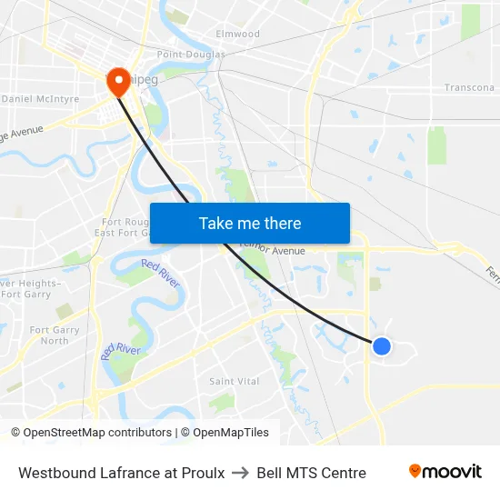Westbound Lafrance at Proulx to Bell MTS Centre map