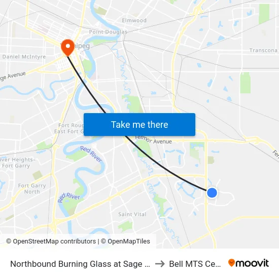Northbound Burning Glass at Sage Creek to Bell MTS Centre map
