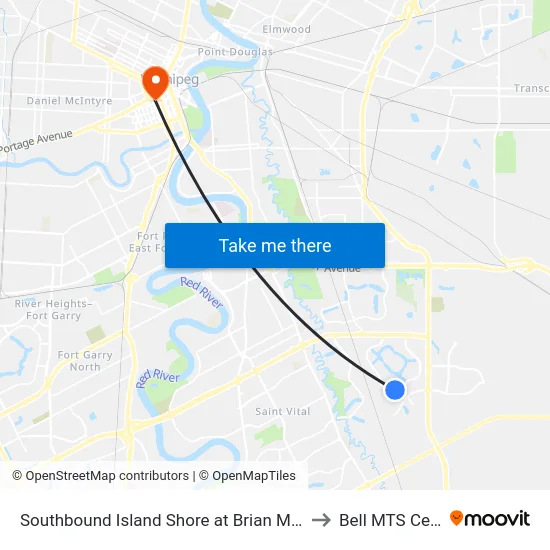 Southbound Island Shore at Brian Monkman to Bell MTS Centre map