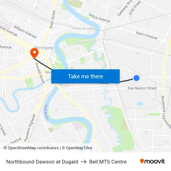 Northbound Dawson at Dugald to Bell MTS Centre map