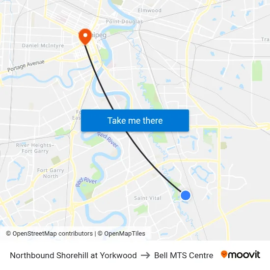 Northbound Shorehill at Yorkwood to Bell MTS Centre map