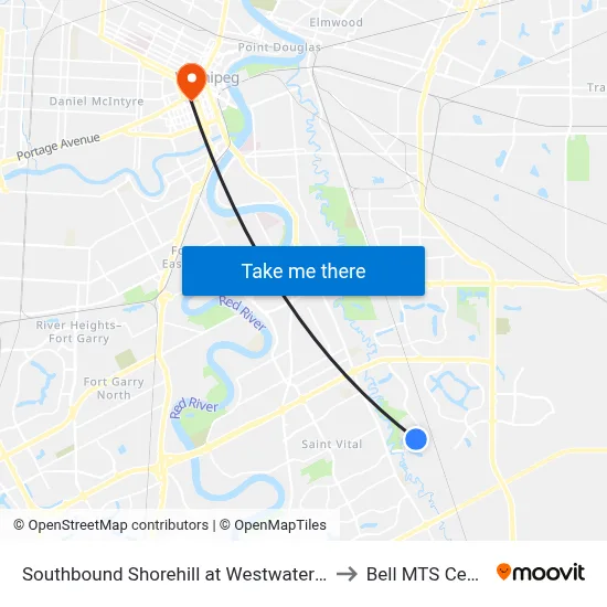 Southbound Shorehill at Westwater East to Bell MTS Centre map