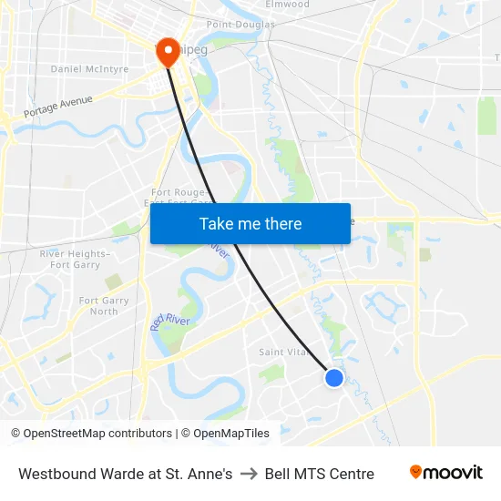 Westbound Warde at St. Anne's to Bell MTS Centre map