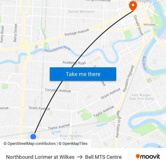 Northbound Lorimer at Wilkes to Bell MTS Centre map